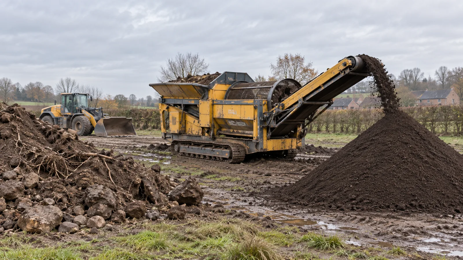 Cribleuse mobile déversant de la terre fine en cône sur un chantier