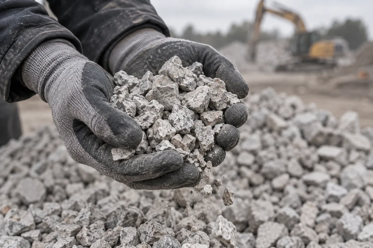 Mains gantées présentant des granulats de béton concassé