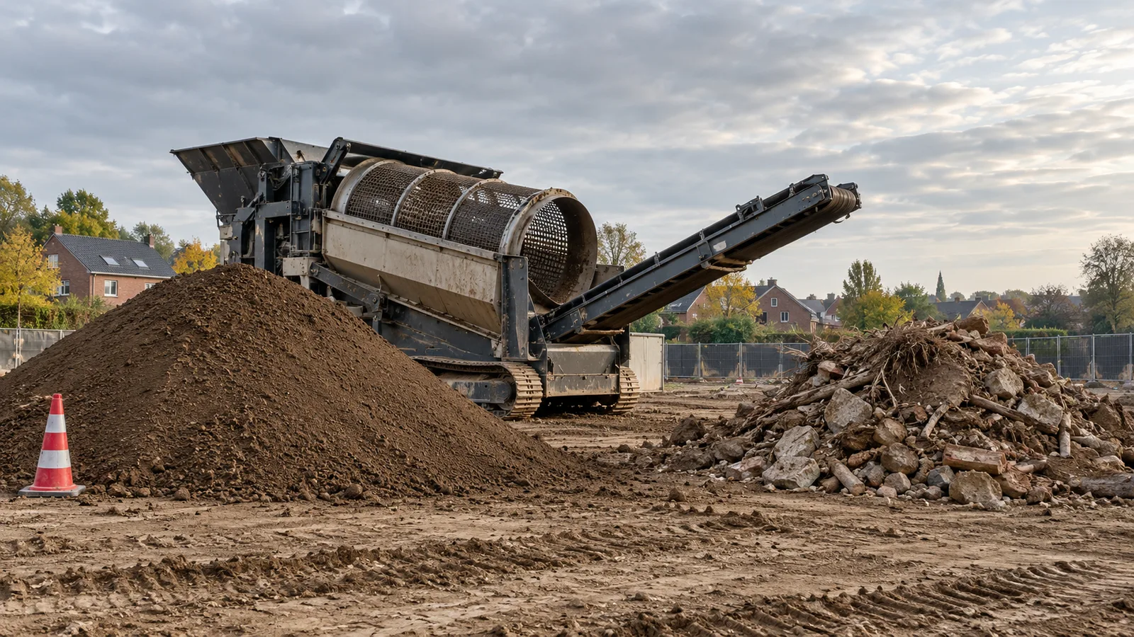 Cribleur rotatif sur un chantier avec tas de terre fine et de refus