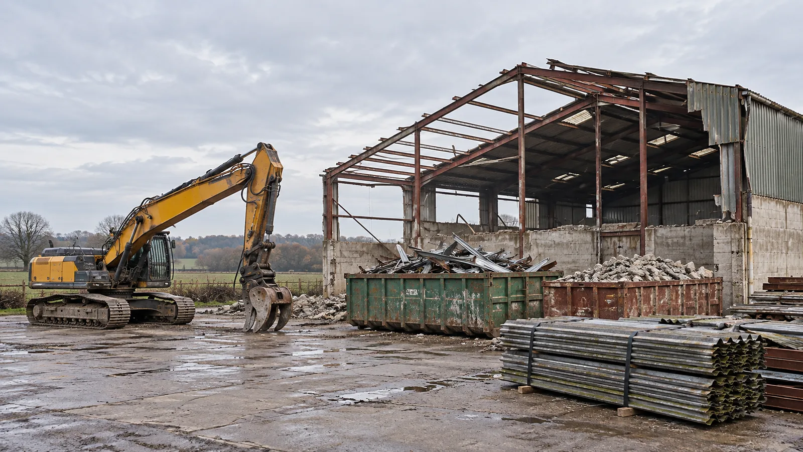 Hangar agricole en démolition avec charpente métallique mise à nu