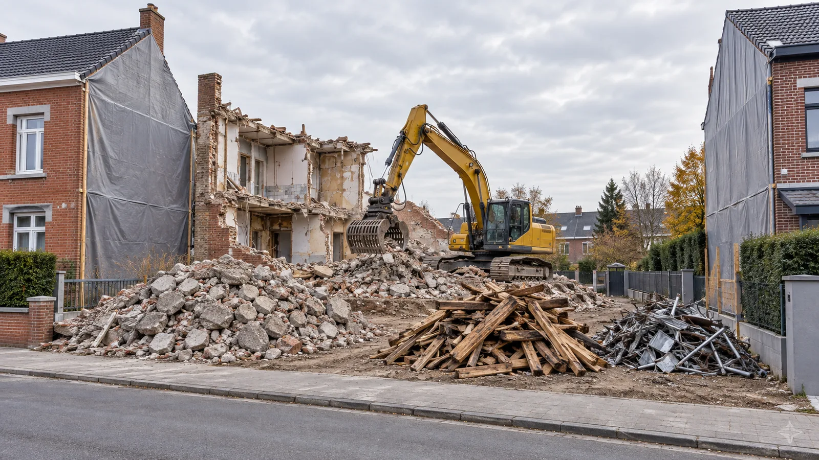 Maison de ville à moitié déconstruite, gravats triés en tas