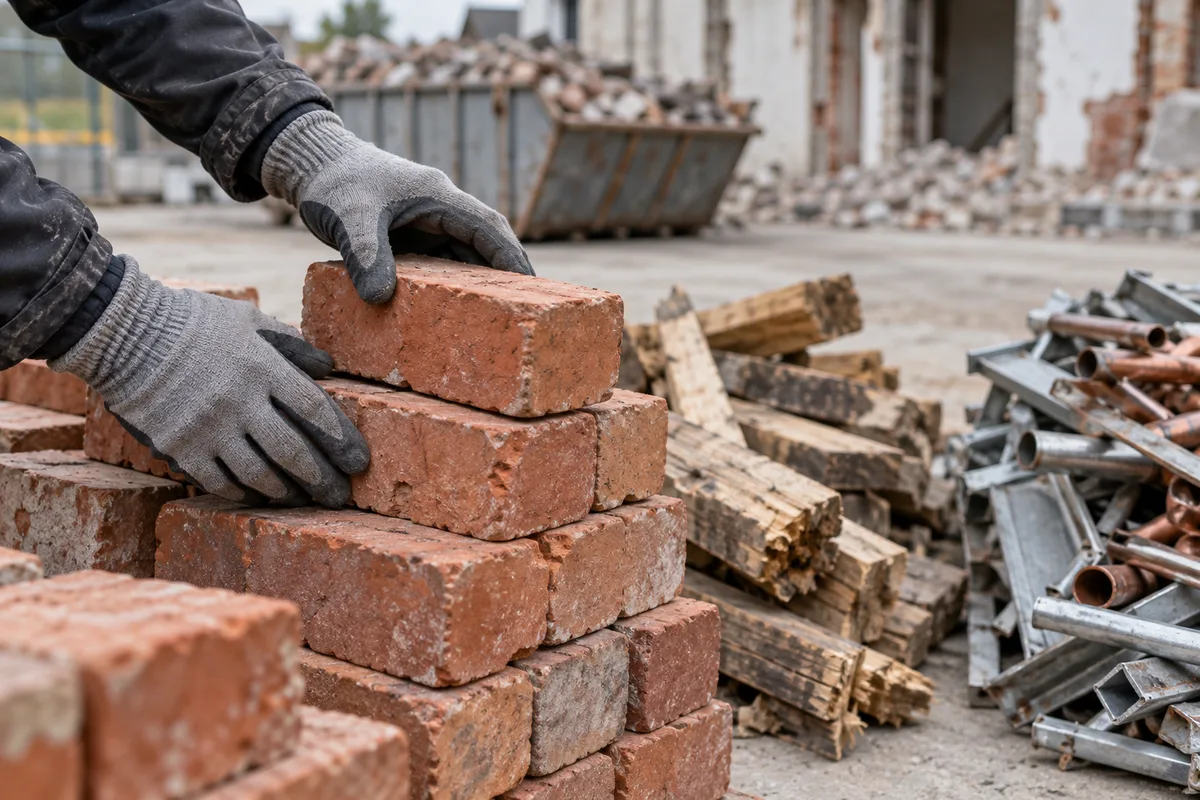 Mains empilant une brique récupérable sur une pile triée