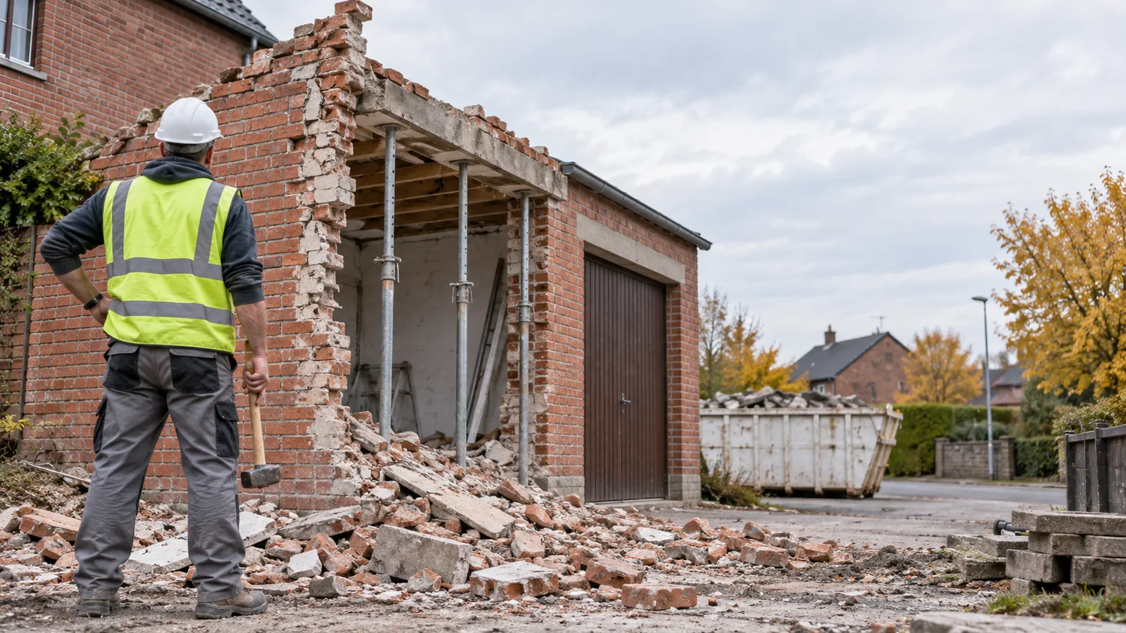 Ouvrier de dos devant une annexe en briques à moitié démolie
