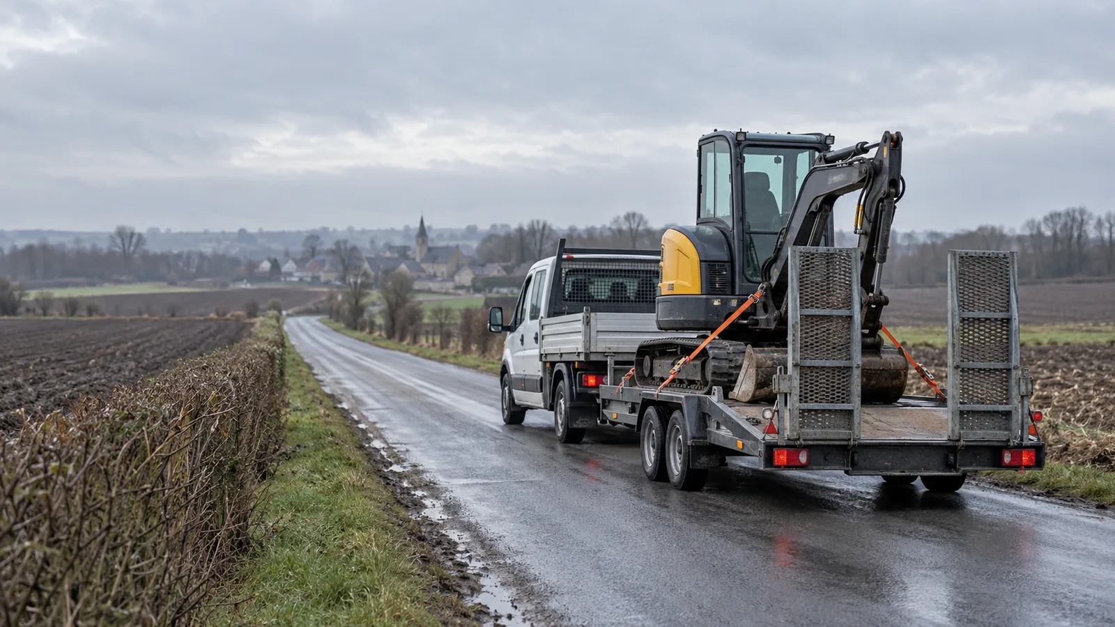 Camionnette tractant une pelleteuse compacte sur une route de campagne