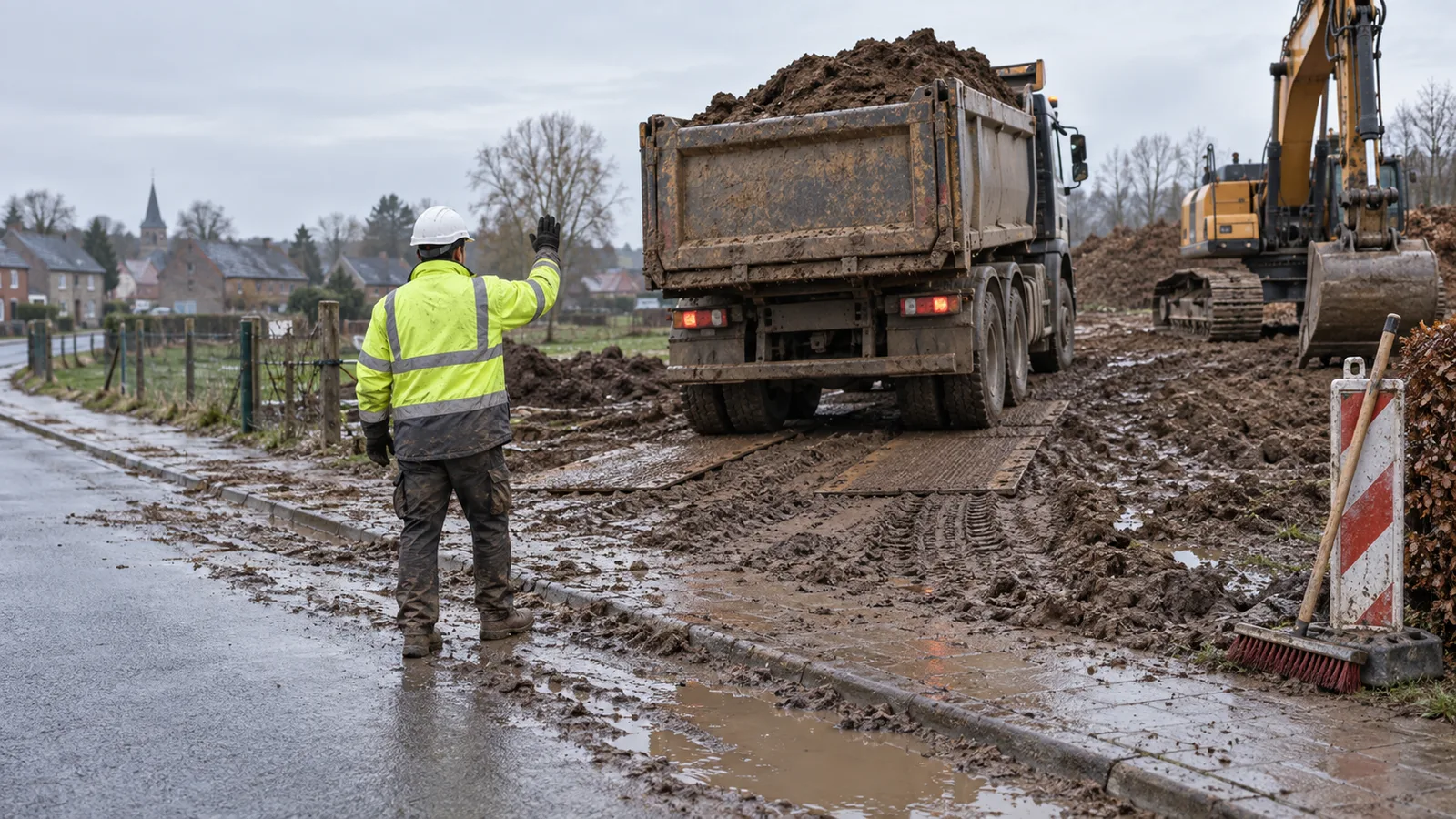 Camion benne franchissant l'accès boueux d'un chantier guidé par un ouvrier
