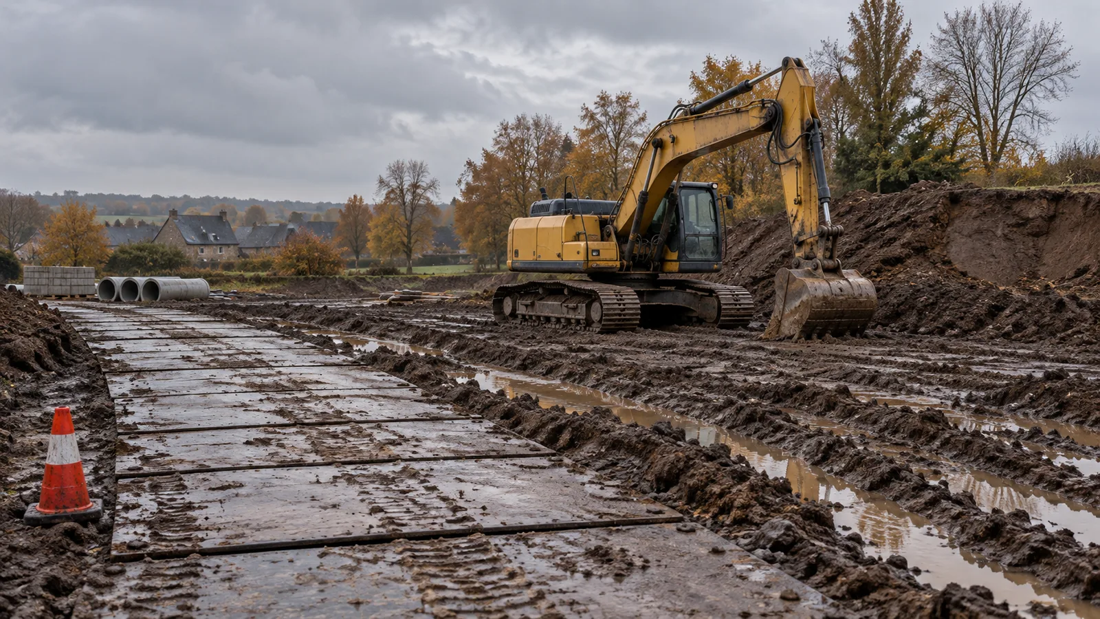 Piste de plaques de roulage menant vers une pelle hydraulique sur chantier boueux