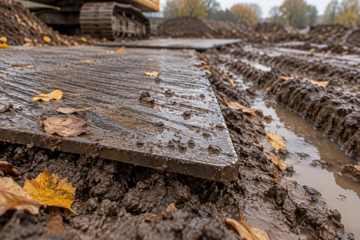 Plaque métallique de chantier posée sur la boue à côté d'une ornière inondée